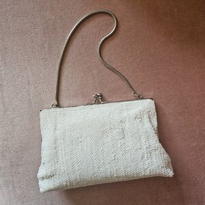Vintage Beaded Handmade Top Handle Purse Clutch White 80s 70s Lined Kisslock